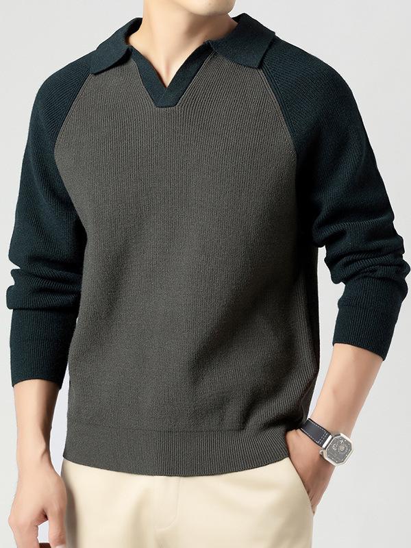 Men's Fashionable Turn-Down Collar Knit Sweater - Casual, Versatile Long-Sleeve Top
