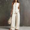 Women Sleeveless V Neck Button Up Vest And Wide Leg Pants Set Casual Loose Fit Linen Blend Two Piece Outfit