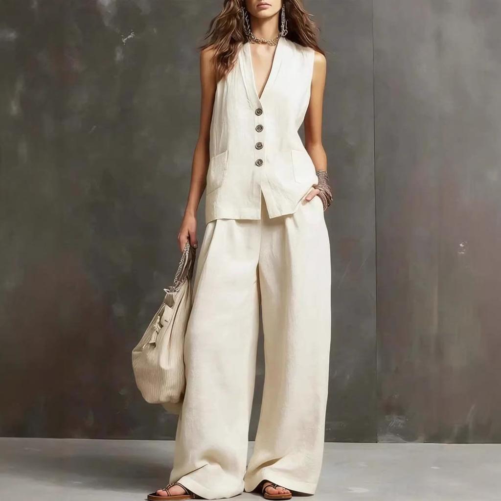 Women Sleeveless V Neck Button Up Vest And Wide Leg Pants Set Casual Loose Fit Linen Blend Two Piece Outfit