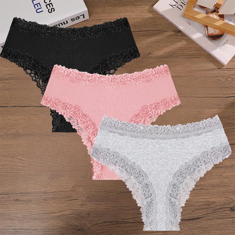 FINETOO 3Pcs Women Cotton Lace Panties Floral Intimate Briefs High Waist Brazilian Panties Female Soft Underpants Lingerie S-XXL