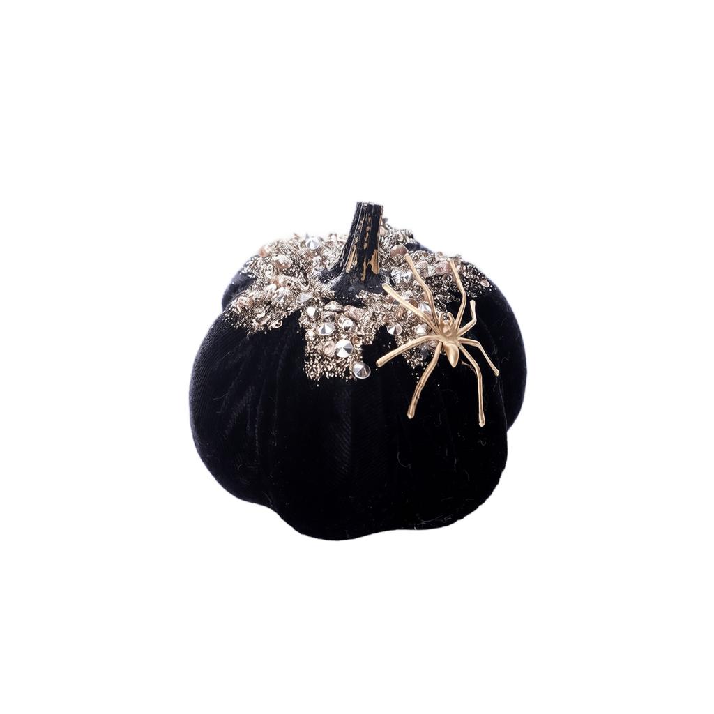 Velvet Pumpkin Halloween Decoration with Faux Spider and Rhinestone Embellishments Seasonal Tabletop Ornament for Fall Home Display