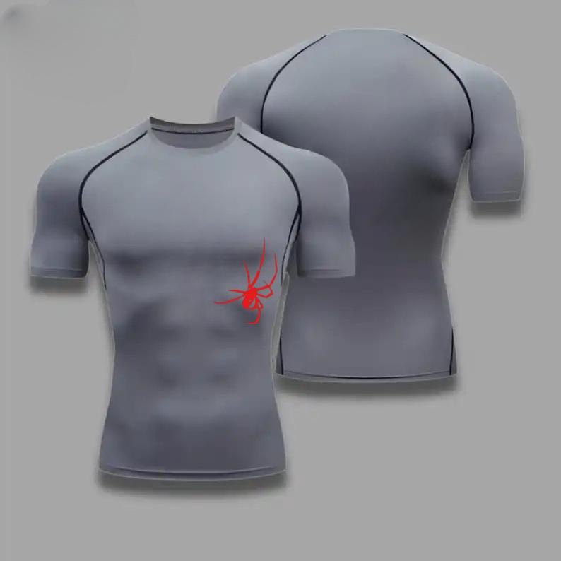 Men Short-Sleeve Compression T-Shirt Breathable Quick-Drying High Elasticity Spider Print, Running, Cycling, Gym Workouts Shirts