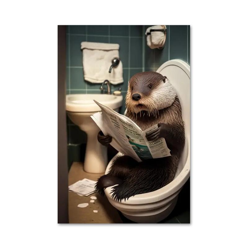 Funny Bathroom Humorous Animal Bear Dog Tiger Sitting On Toilet Reading Newspaper Canvas Painting Posters and Prints Wall Art