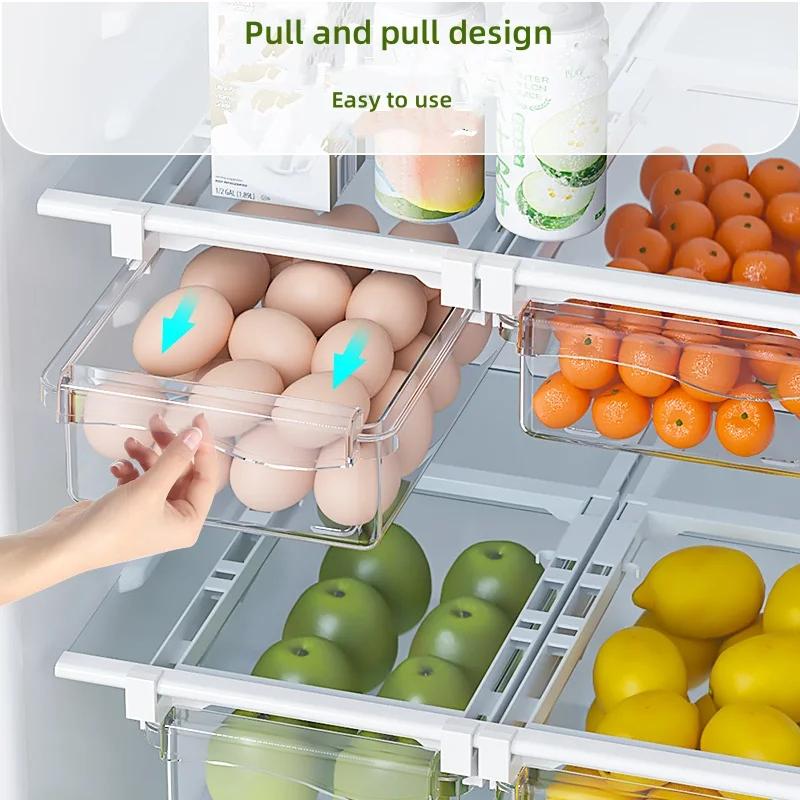 Kitchen Storage Box Fruit Vegetable Preservation Organizer Transparent Egg Container Under-shelf Refrigerator Drawer Silver Tray