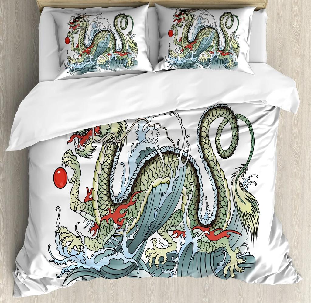 Dragon Duvet Cover Sets King/Queen Size 3D Flying Dragon with Wings Blue Fire Bedding Set Animal 2/3pcs Polyester Quilt Cover