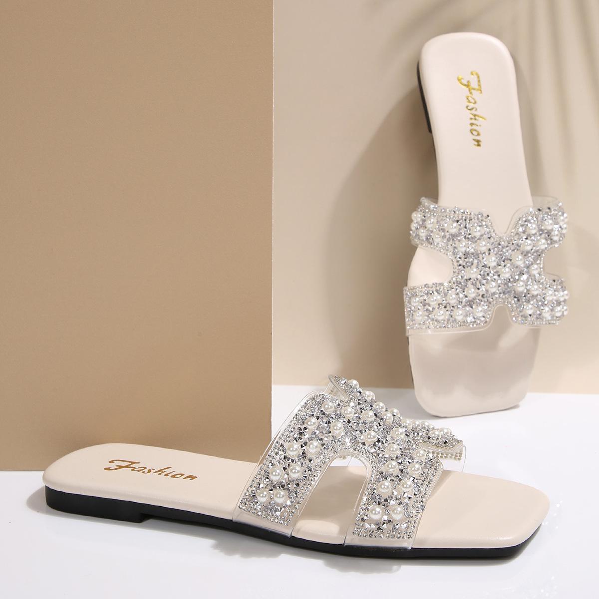 

[Foreign Trade] Xiaoxiangfeng half-drag sandals women s outer slippers crystal thick heel temperament fairy style high heels 43