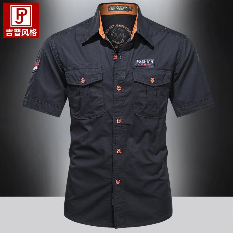 Summer outdoor tooling short-sleeved shirt men's multi-pocket washed cotton loose large size casual military shirt
