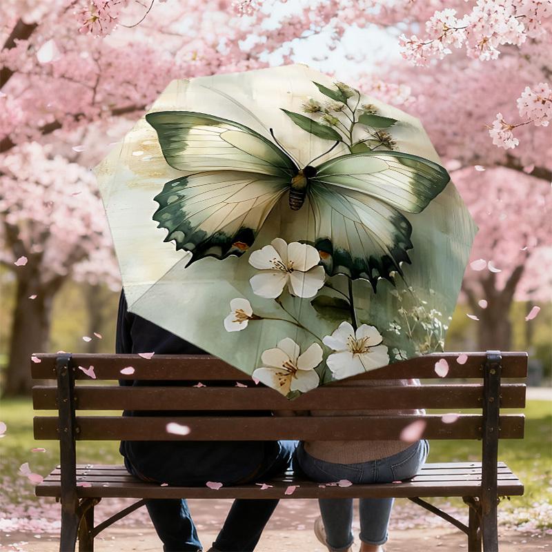 1PC Butterfly White Flowers Automatic Open/Close Umbrella with Windproof, 8-Rib Sturdy Canopy, Durable Ribs, Fashionable Design,1264