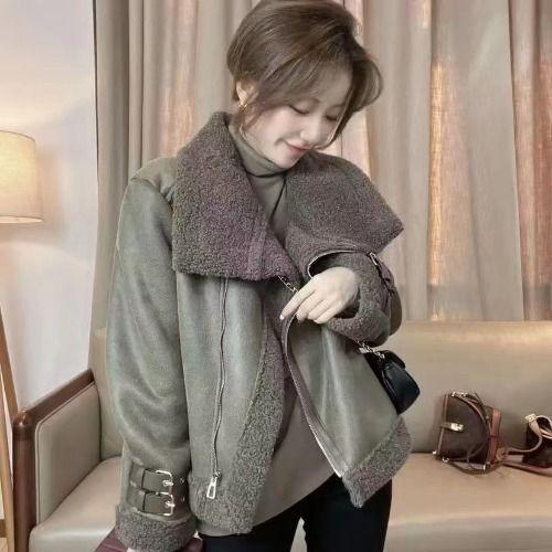 

Пальто из искусственного меха под овчину, женская одежда, зима, новинка, имитация замши, флисовый мех, цельный, утолщенное локомотивное хлопковое пальто XL 135-150 зелёный