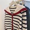 Navy Lapel Striped Contrast Knitted Cardigan Sweater Sweater Jacket Lazy Style Premium Thickened Top