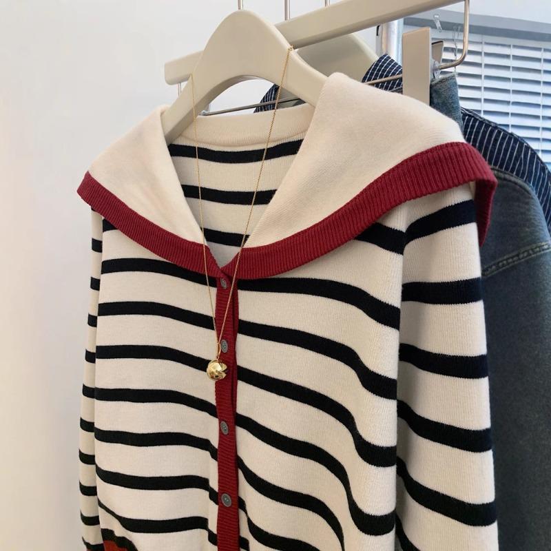 Navy Lapel Striped Contrast Knitted Cardigan Sweater Sweater Jacket Lazy Style Premium Thickened Top