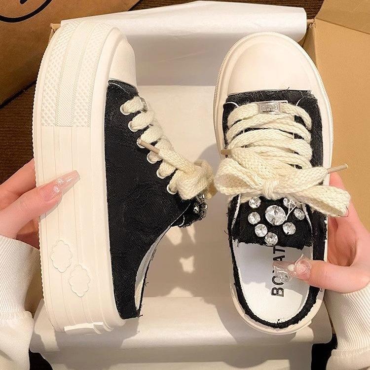 

High-value half-drag canvas shoes women s shoes 2025 spring and autumn new original design thick-soled two wear ugly cute little white shoes women 35 чёрный