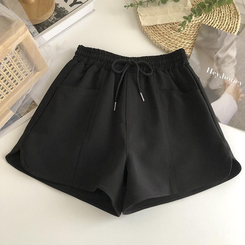 Drawstring with High Waist Elastic Double Pocket Casual Shorts Women's Summer New Thin Wear Wide Leg Running Hot Pants