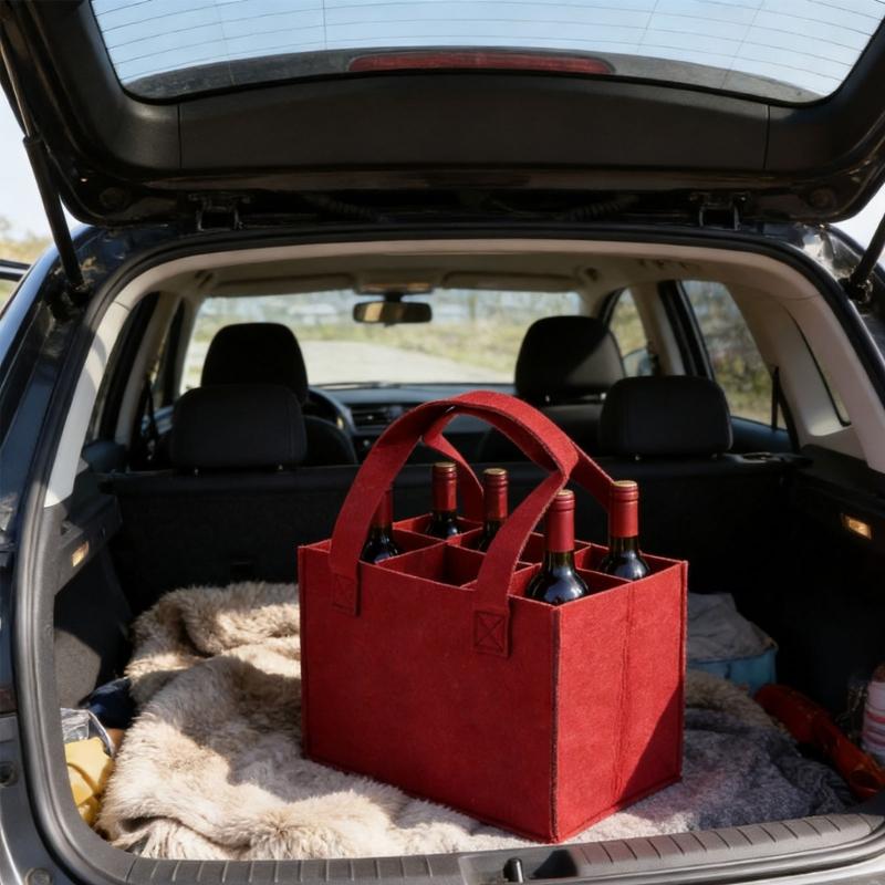 Elegant Felt Wine Bottle Carriers Bag 6 Bottle Bag With Secure Inner Dividers And Comfortable Handle For Safe Transport