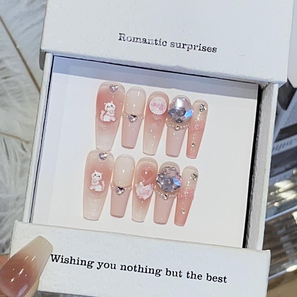 Girls' Pink Atmosphere Kitten French Peach Cocoa Nail Stickers