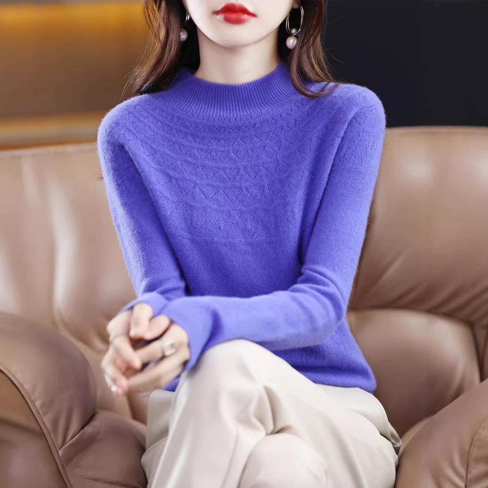 Women's 100% Wool Slimming Cashmere Knit Sweater - Half High Neck, Seamless, Hollow Out Design for Autumn/Winter