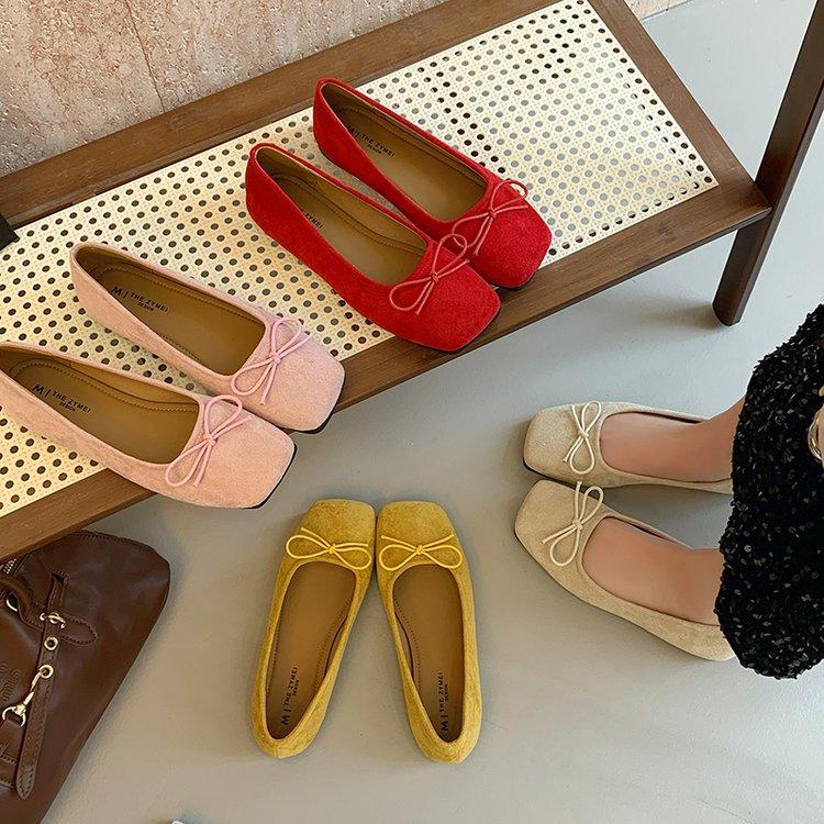 French flat bottom shallow mouth single shoes women's shoes summer 2025 new bow ladyshoes square head red boat shoes