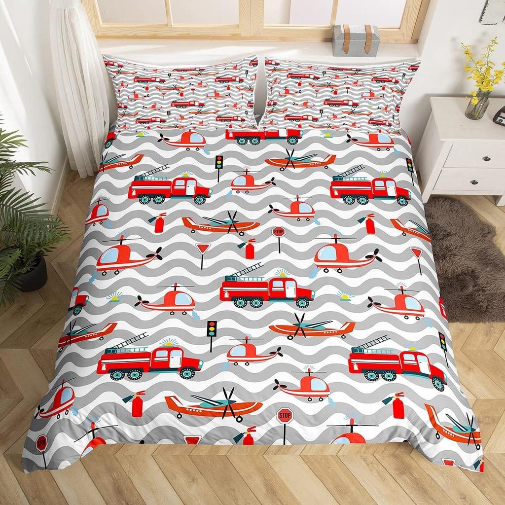 Comforter Fire Truck For Kids Boys Fire Engine Vehicle Extinguisher Fire Hydrant Print Bedding Set Microfiber Twin
