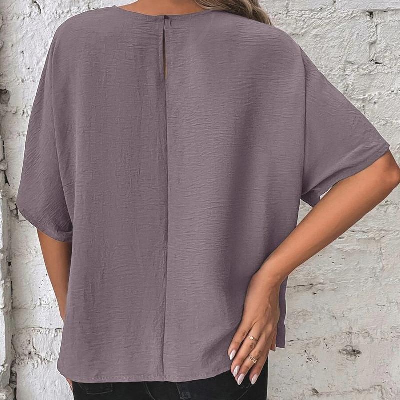 Solid Colour Round Neck Summer Bat Wing Sleeve T-Shirt Hem Knotted Loose Women's Tops