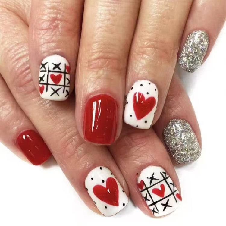 

Press on Nail Short Oval Fake Nail French Full Cover Acrylic False Nail Valentine Design Fake Nail for Women and Girls 1