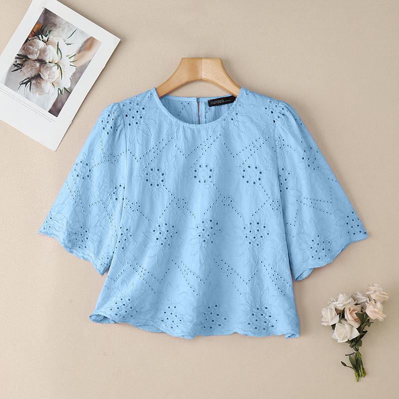 

ZANZEA Женская повседневная блузка с круглым вырезом, короткими рукавами, кружевной вышивкой, летняя 5XL синий