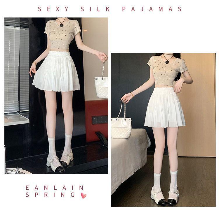 Women's Elastic Waist Pleated Chiffon Mini Skirt - Anti-Exposure, Slimming, Age-Reducing, Versatile Loose Fit for Spring/Summer.