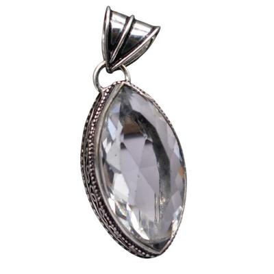 White Topaz Natural Gemstone Antique Silver Plated Pendant 2.25" J 1548