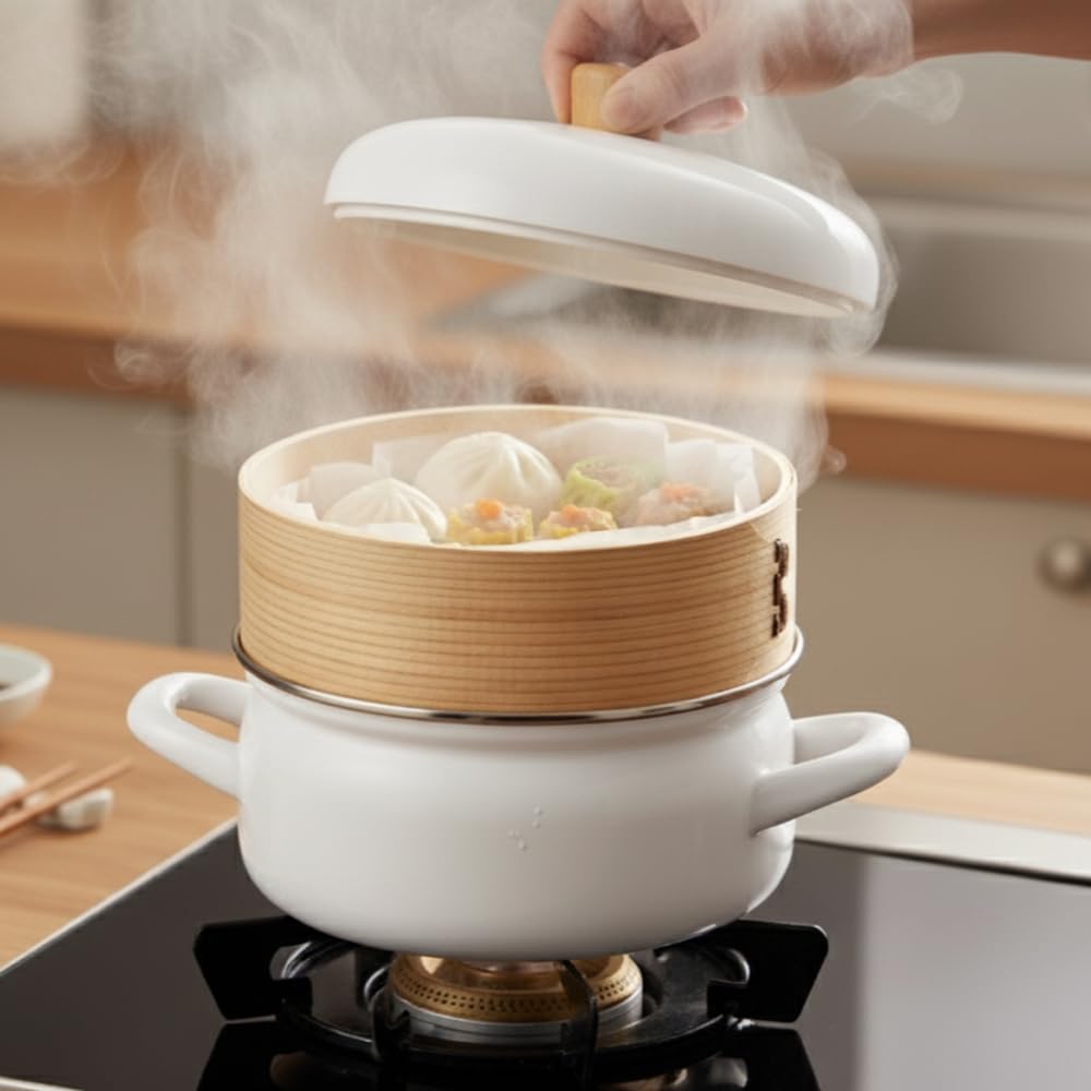 Fuji Enamel Pot, 18cm, with Steamer, White, AMZ-SER18.W