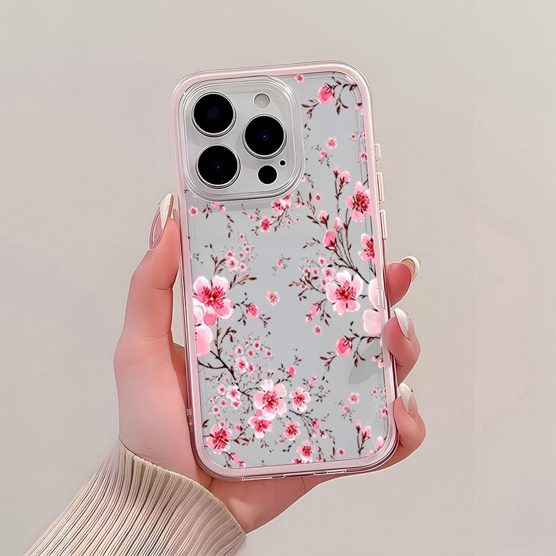 Pink Plum Blossom TPU Transparent Pink Silicone Soft Phone Case For iPhone 17 16 15 14 13 12 11 Pro Max 15 Plus Shockproof Cover
