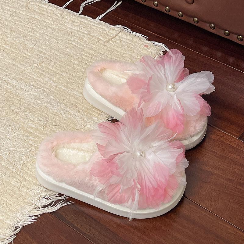 Korean Version of Mesh Wool Slippers Women's 2025 Summer and Autumn New Flower Outer Slippers One-word Flat Cotton Slippers