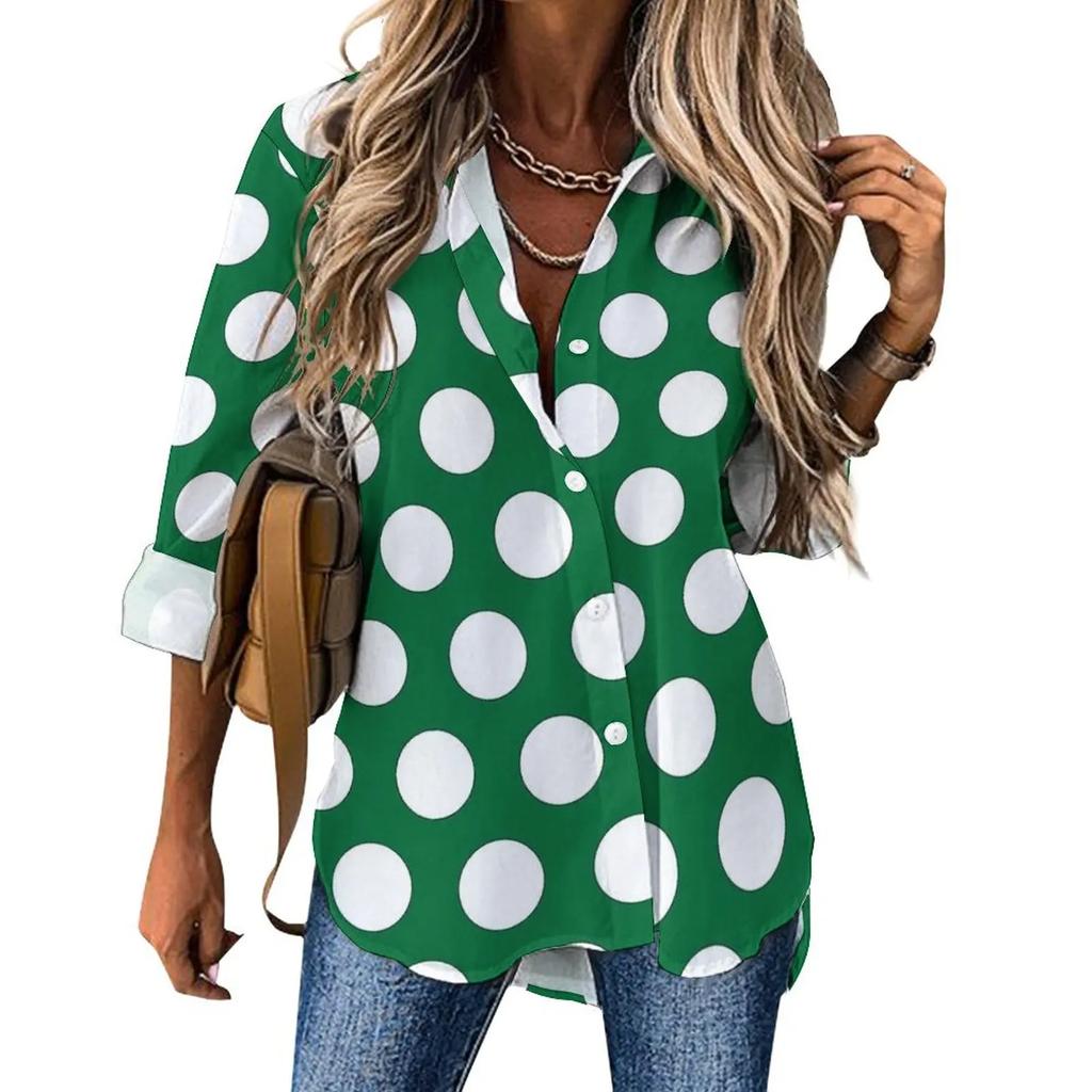 Damen gepunktetes Hemd Mode Neu Frühling und Herbst Lässig Elegant Langarm Revers Oberteil Street Style Personalisiertes Hemd