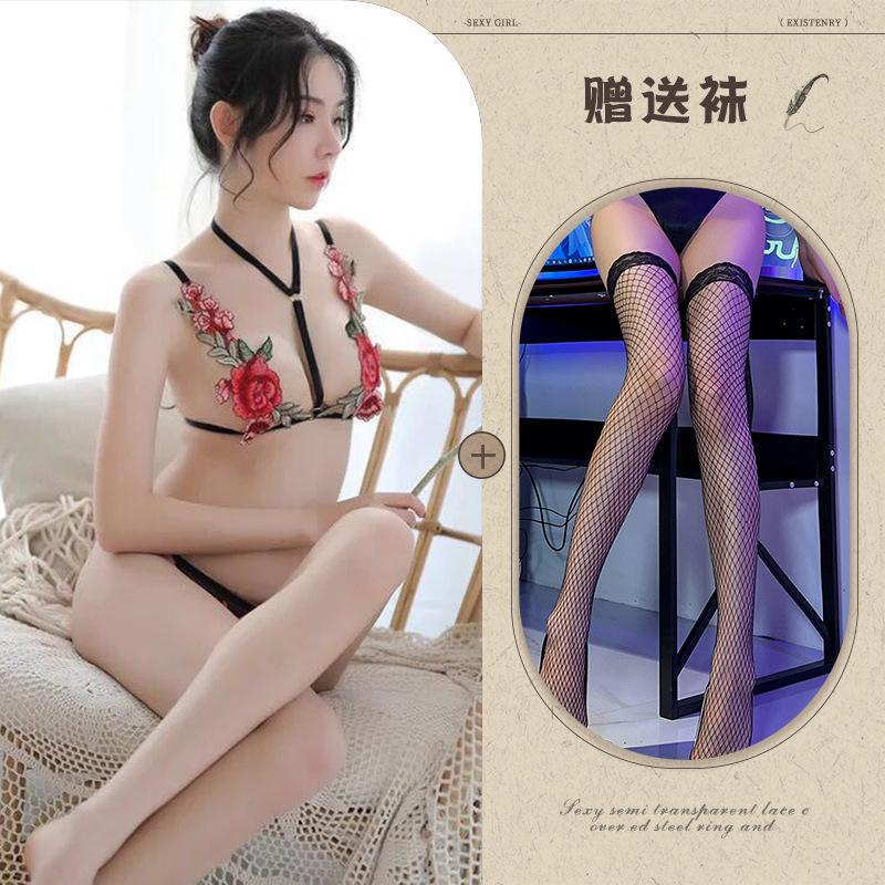 Sexy three-point sexy hollow rose bra halter pajamas embroidery perspective temptation hot suspender pajamas
