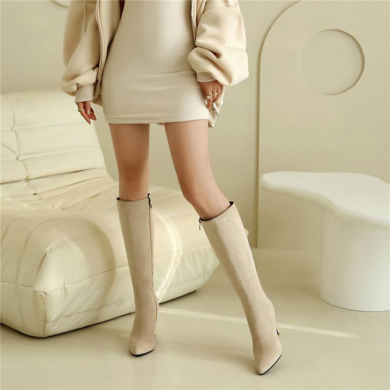 FOREADA Women Knee High Boots Pointed Toe Kitten High Heels Zipper Long Boots Ladies Fashion Shoes Autumn Winter Beige 46