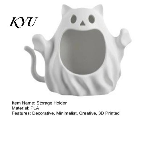 Small Accessory Organizer 3D Printed Halloween Ghost Cat Storage Holder, Decorative Kitten Statue with Niche Party Supplies Hollow Storage,