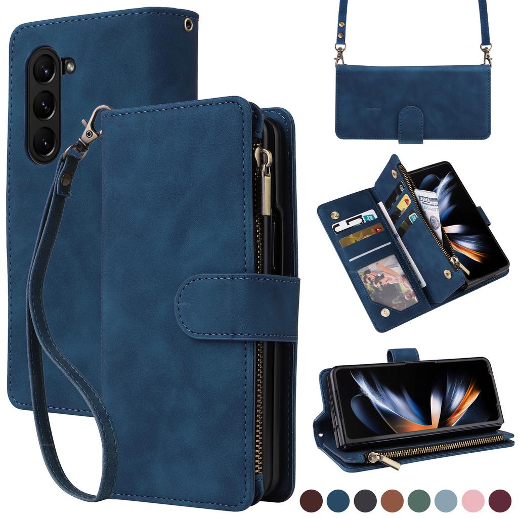 Applicable to Samsung Z Fold 6 leather case Z Flip5 folding mobile phone retro matte zipper wallet diagonal straddle