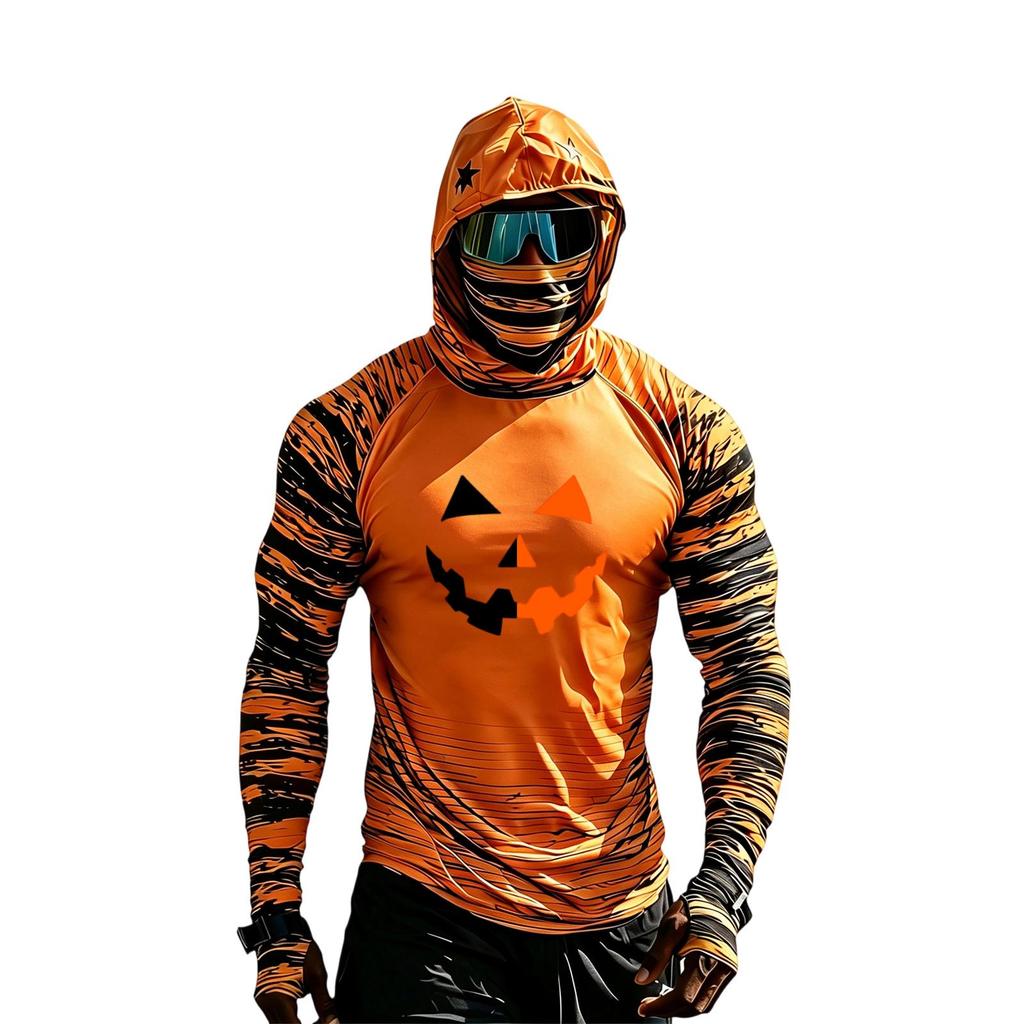 Men's Long Sleeve Hooded Sun Top with Color Block Raglan Sleeves Halloween Print
