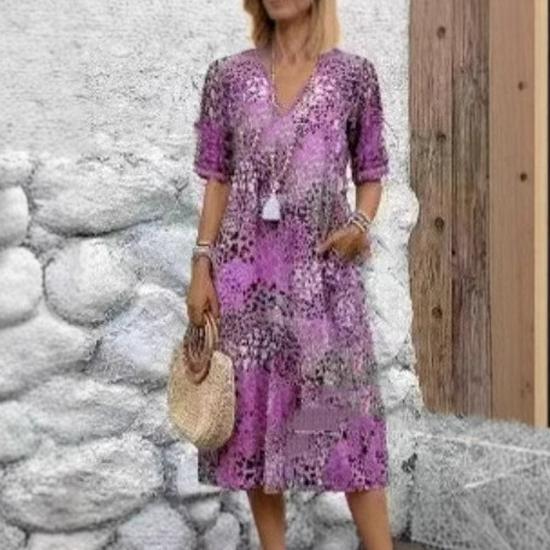 2025 European & American Fashion V-Neck Lace Print Short Sleeve Dress