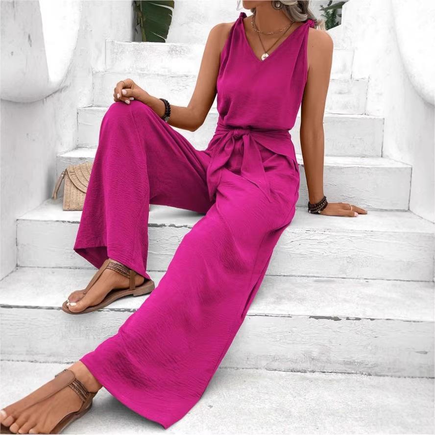 Women Sleeveless V Neck Front Tie Jumpsuit Solid Color Casual Loose Fit Summer Romper