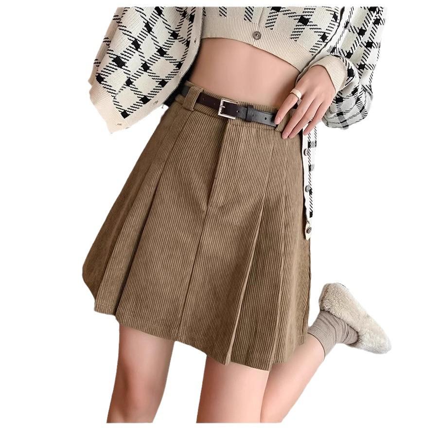 2024 Black High-Waisted Corduroy A-Line Pleated Mini Skirt - Retro Autumn Anti-Exposure Midi.