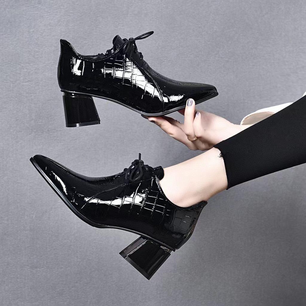 Fashion Pointed High Heels Autumn New Thick Heel Lace-up Small Leather Shoes Cow Patent Leather Deep Mouth Women's Shoes