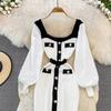 Retro Hepburn Style Waist Waist Square Collar Ladies Temperament Black and White Patchwork Buttock Knitted Dress
