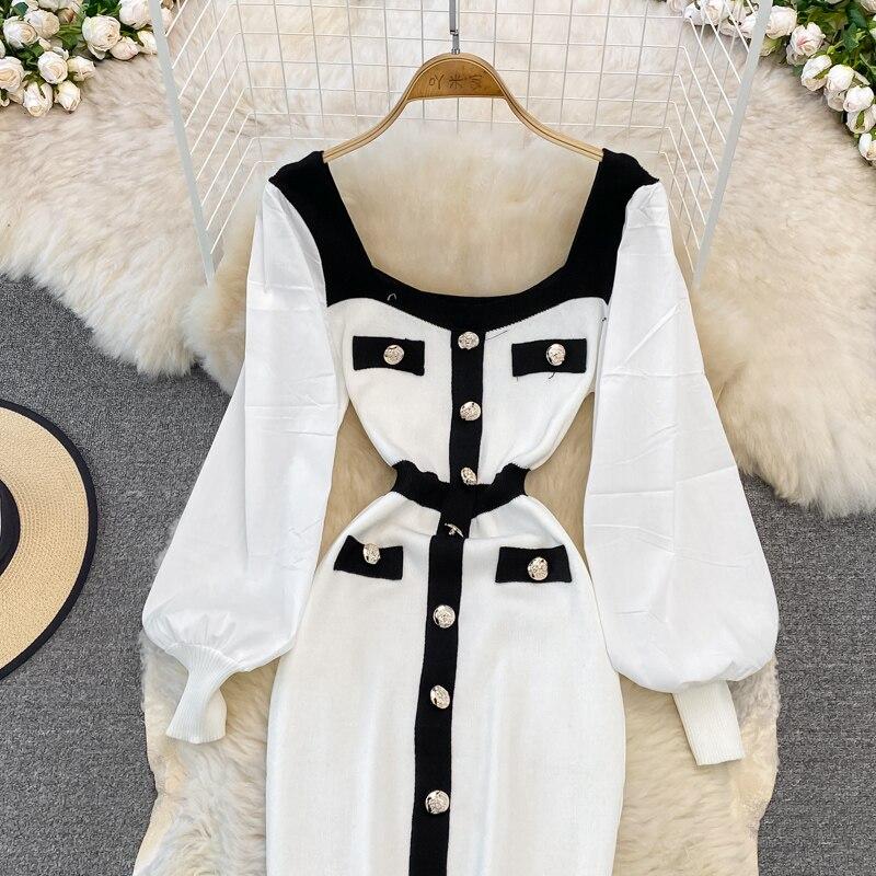 Retro Hepburn Style Waist Waist Square Collar Ladies Temperament Black and White Patchwork Buttock Knitted Dress