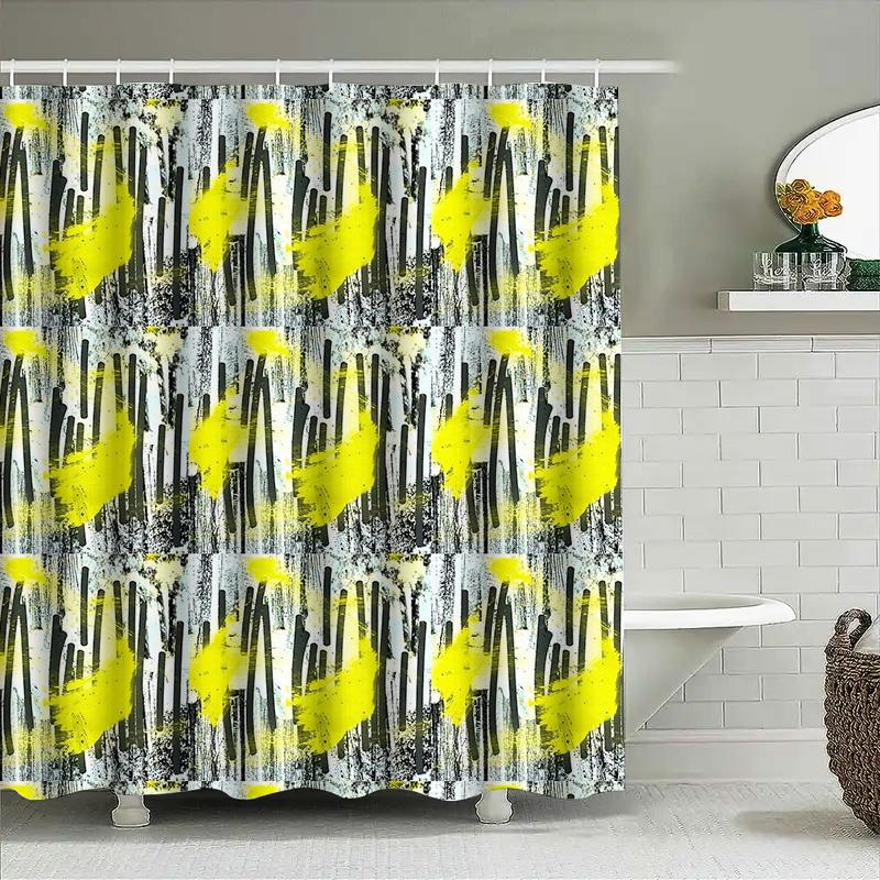Modern Abstract Shower Curtain Artistic Black Yellow Splash Waterproof Bathroom Decor Set Vintage Textured Fabric Backdrop
