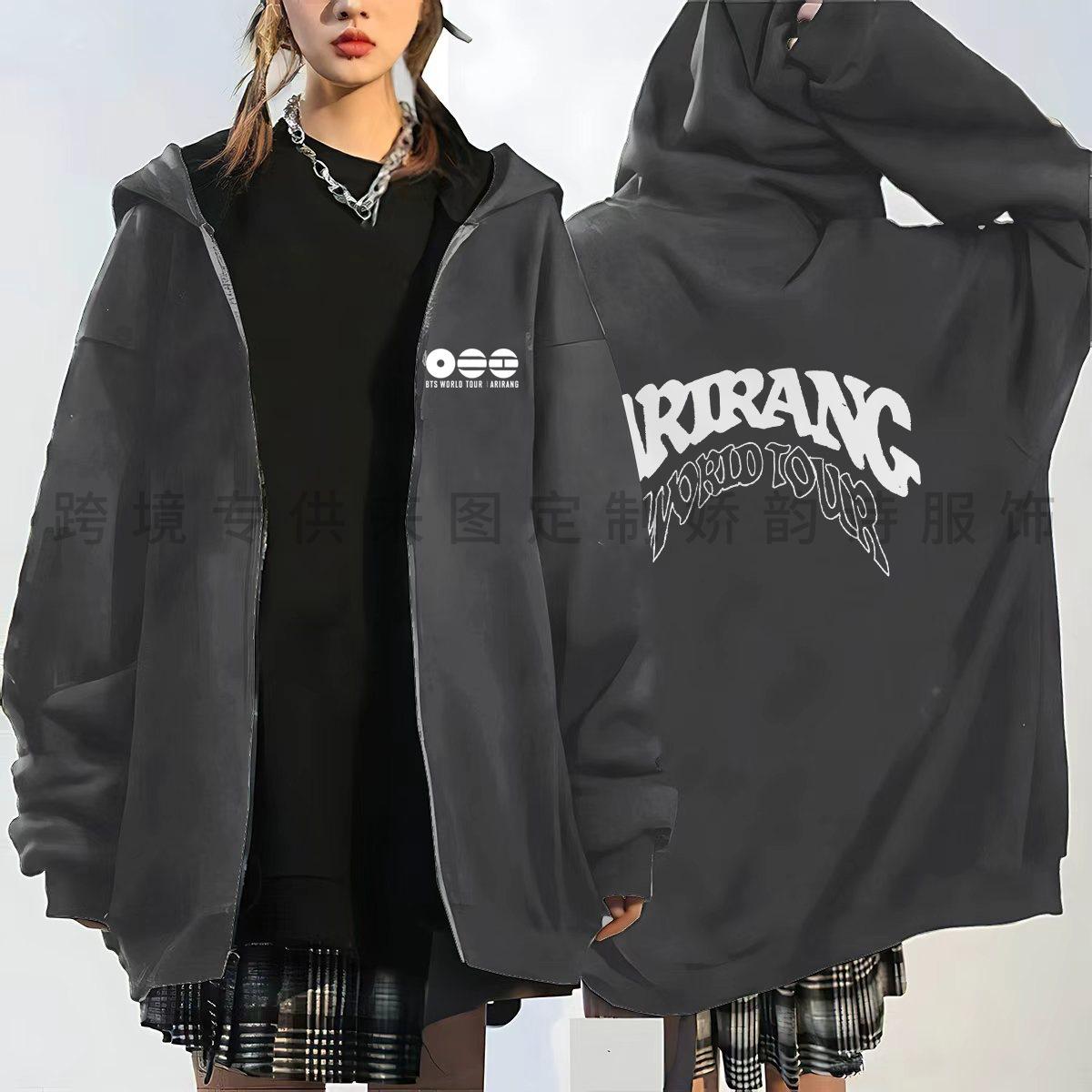 Mode Neu Arirang Weltreise Bedruckter Cardigan Hoodie Reißverschluss Pullover Locker Fan Unterstützung Lässiges Oberteil XL dunkelgraue