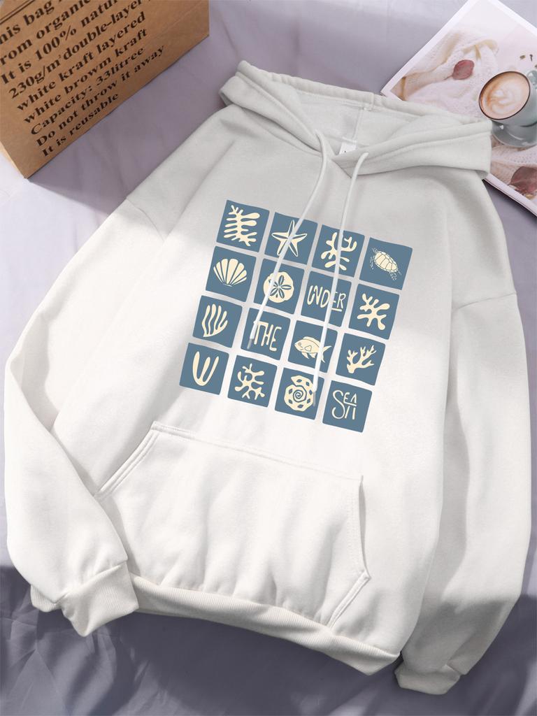 Under The Sea Printing Hoodie Womens Comfortable Loose Pullovers Basics Sporty Sweatshirts Winter Fleece Warm Woman Sportswear
