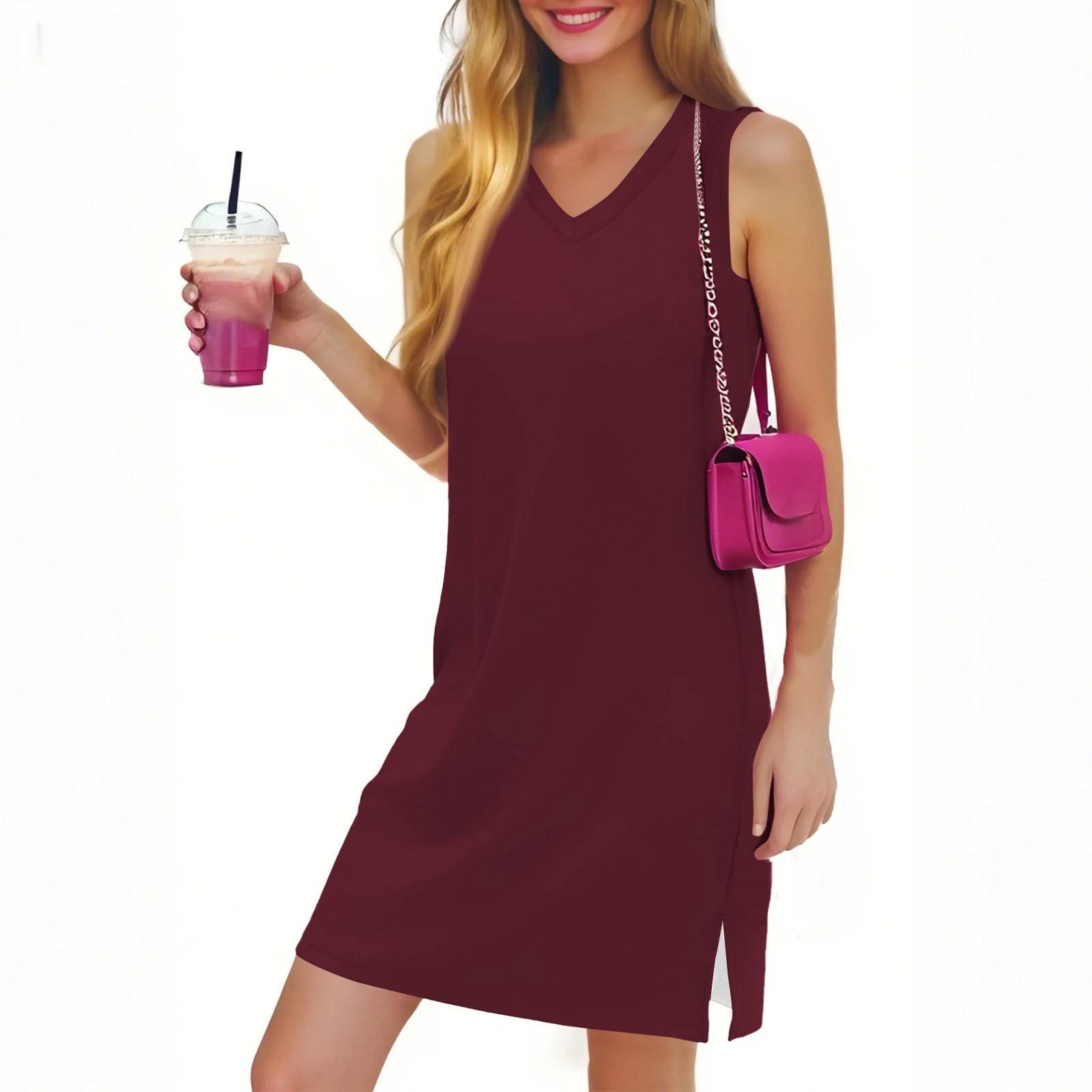 

Женское повседневное модное сексуальное платье с V-образным вырезом без рукавов, однотонное платье с разрезом по низу XL винный