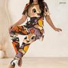 Women Plus Size White Halloween Printed Two Piece Set Round Neck Short Sleeve Longline Top And Long Pants