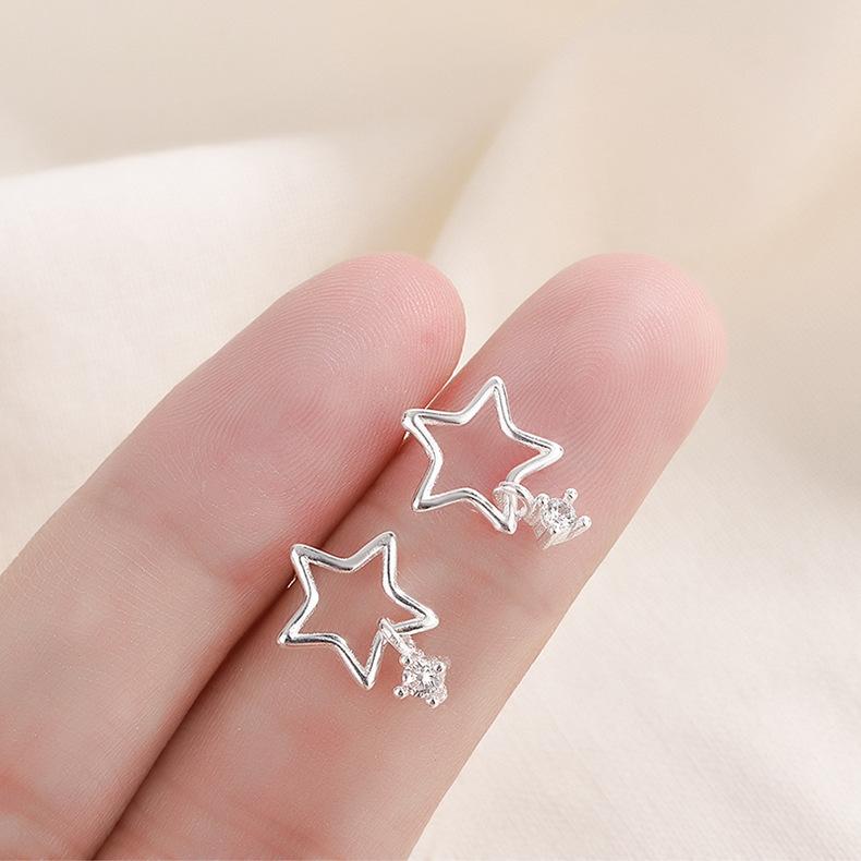 925 Silver Moving Star Earrings Hollow Pentagram Zircon Pendant Simple Stud Earrings For Women