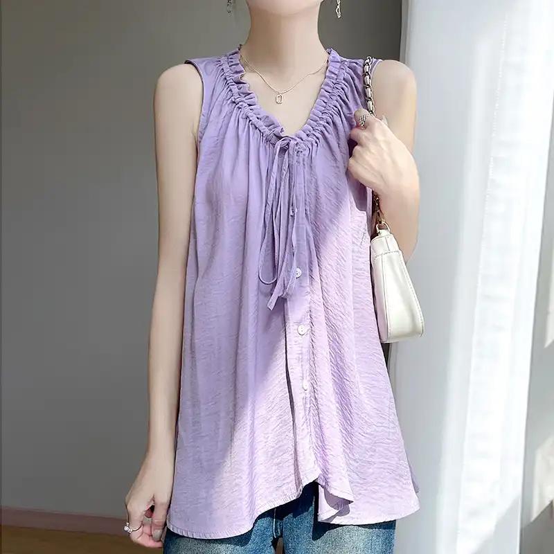 Summer New V-neck Drawstring All Match Korean Women's Top Elegant Sleep Loose Solid Color Comfortable Vest
