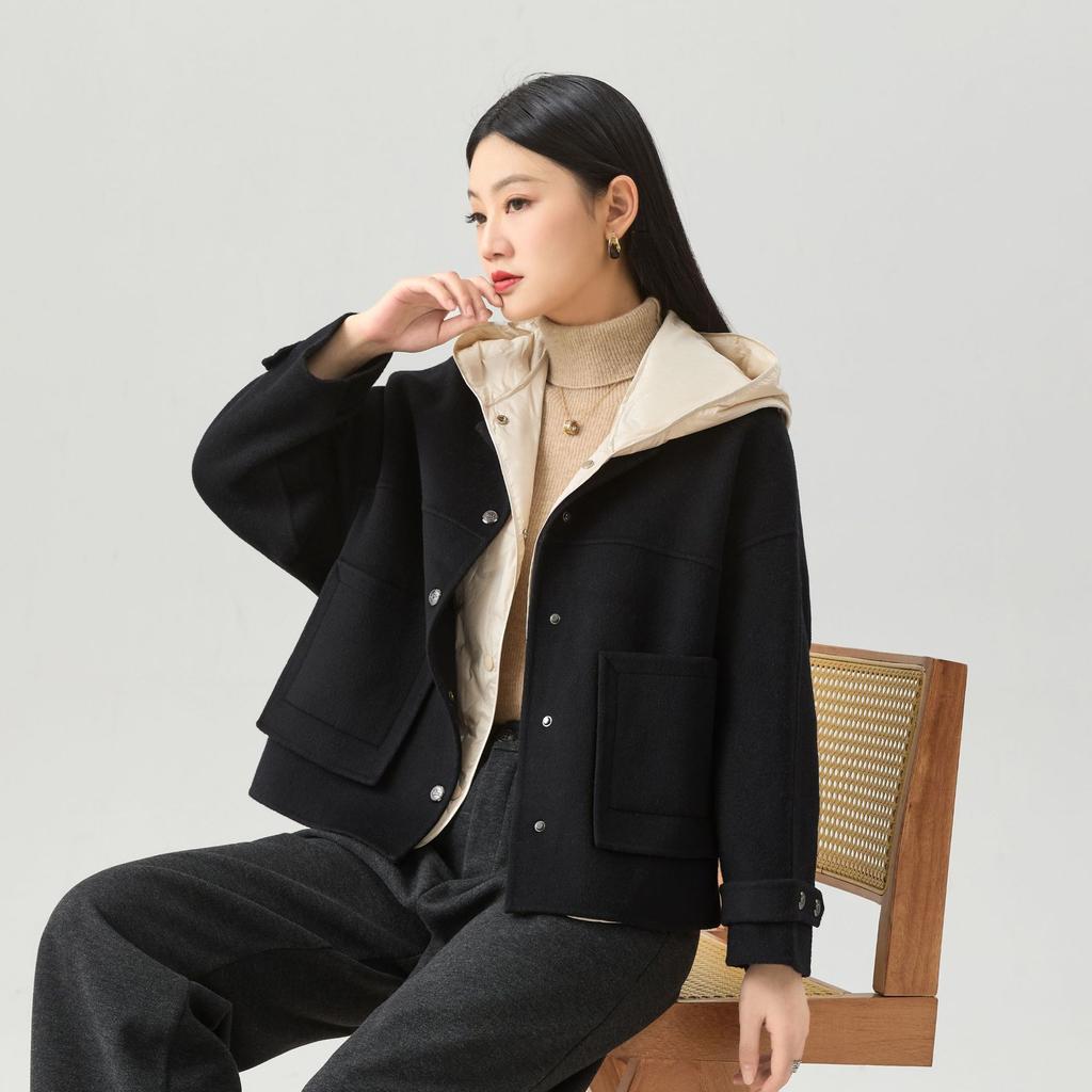 Anti-season Double-sided Coat Wool Cashmere Gold Buckle Women's Coat with Casual Hooded Vest Two-piece Set